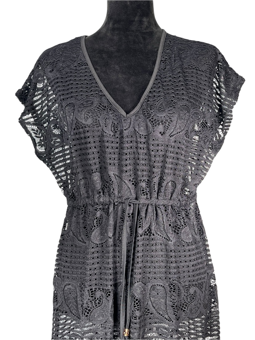 Black Crochet Maxi Dress Swim Cover Up Drawstring Beach Sleeveless Long Boho - Picture 7 of 12